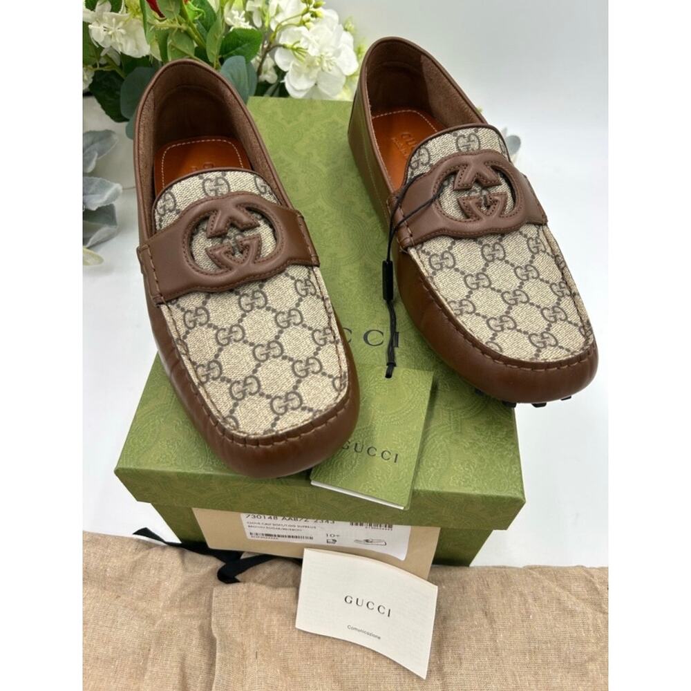 Gucci GG Monogram Brown Leather Driving Loafers Size 10.5